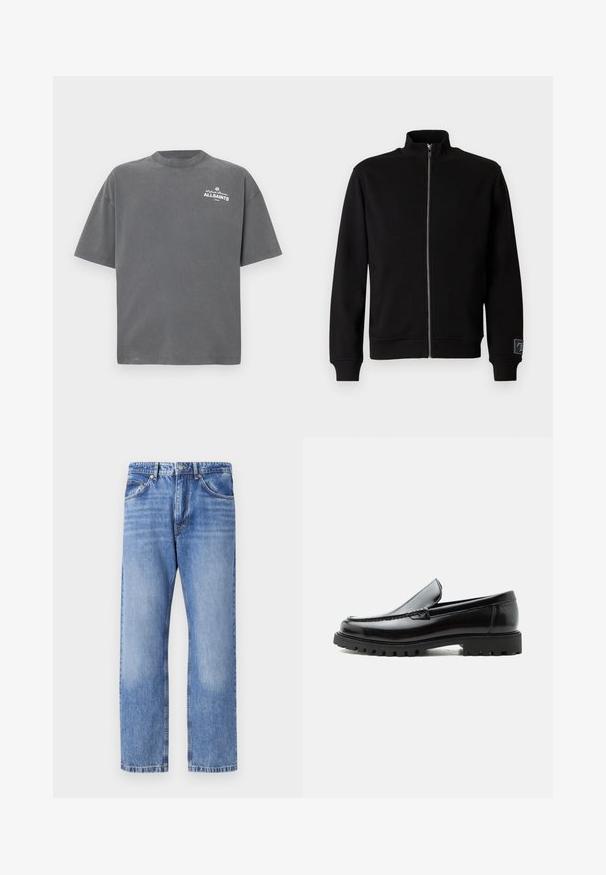 Sudadera negra con cremallera y cuello alto, puños acanalados y una etiqueta lateral. Hecha de un material suave y liso con un diseño de color sólido.; Camiseta de manga corta de color gris oscuro con cuello redondo y pequeño logo blanco "ALLSAINTS" en la parte superior izquierda del pecho.; Jeans de mezclilla azul claro con un diseño de pierna recta, cinco bolsillos, costuras en contraste y un acabado ligeramente desgastado. Cierre de botón y cremallera.; Mocasín de cuero negro con suela de goma gruesa, empeine cosido y nombre de la marca en relieve en el talón, mostrado en perfil lateral sobre fondo blanco.