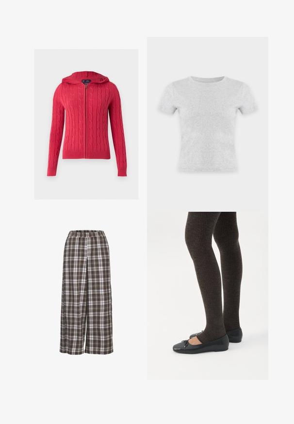 Rød kabelstrikket hættejakke med lynlås, lange ærmer og ribbet manchetter og kant mod en ensartet lys baggrund.; Enkel lysegrå t-shirt med korte ærmer og rund hals, vist mod en neutral hvid baggrund. Ingen synlige logoer eller mønstre.; Bredder bukser med ruder i brune, hvide og grå nuancer; elastisk talje; blødt stof; har et klassisk ternet mønster.; Ben iført mørke ribbede leggings kombineret med sorte balletsko med små sløjfedetaljer på hvid baggrund.