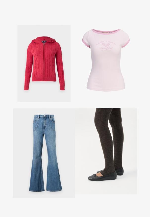 Sweat à capuche rouge en maille torsadée avec fermeture éclair, manches longues et bords-côtes aux poignets et à l’ourlet, sur un fond clair uni.; T-shirt côtelé ajusté à manches courtes rose clair avec bordure rose plus foncée et texte « Pacific Heights Tennis Club San Francisco » avec des raquettes de tennis croisées.; Jean en denim bleu clair taille haute avec jambes larges évasées et poches avant incurvées, présenté sur un fond blanc.; Jambes portant des leggings côtelés foncés associés à des ballerines noires avec de petits détails en nœud sur fond blanc.