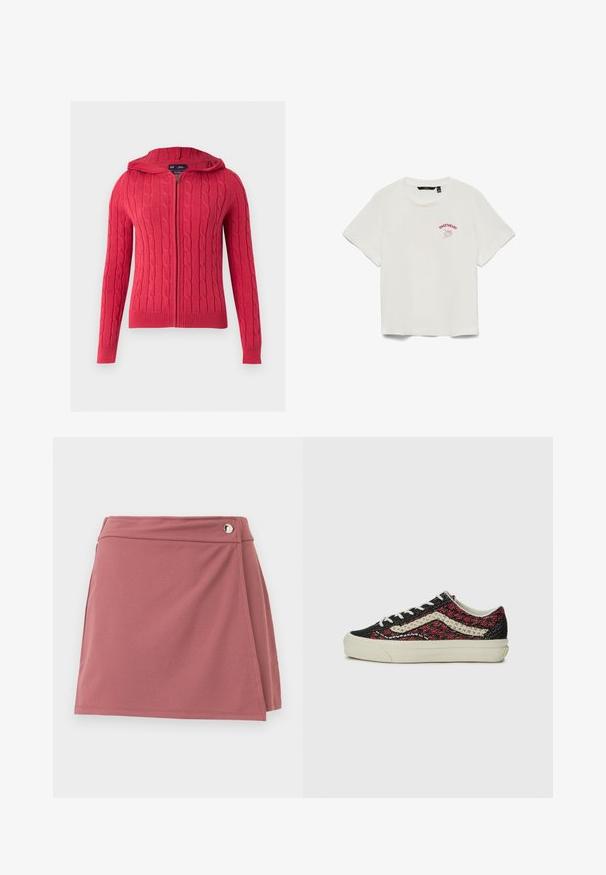 Rød kabelstrikket hættejakke med lynlås, lange ærmer og ribbet manchetter og kant mod en ensartet lys baggrund.; Hvid kortærmet cropped t-shirt med teksten "SWEETHEART" og en rød rosegrafik på venstre bryst.; Kort støvet rosa slå-om nederdel med en lille sølvknap nær taljebåndet på en ensartet, lys baggrund.; Vans OLD SKOOL 36 UNISEX - Sneakers - bordeaux