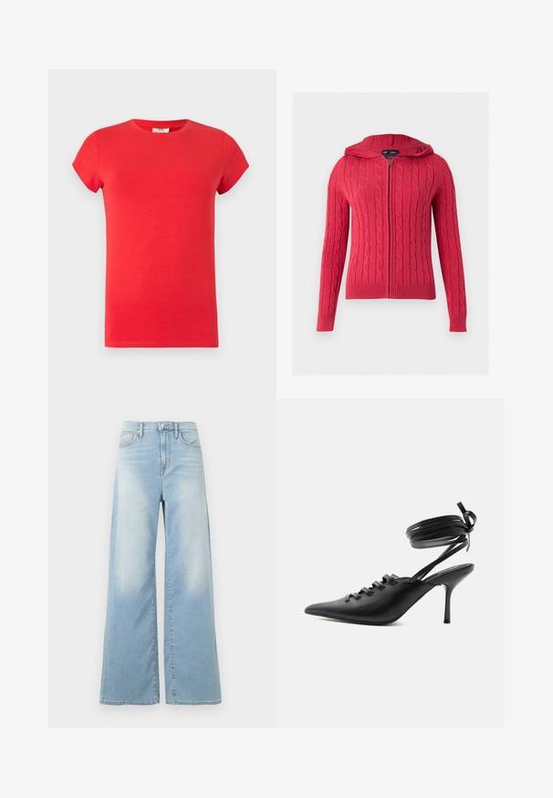 Sweat à capuche rouge en maille torsadée avec fermeture éclair, manches longues et bords-côtes aux poignets et à l’ourlet, sur un fond clair uni.; T-shirt rouge manches courtes col rond avec coupe slim, texture lisse, sans logos ni motifs visibles sur fond clair.; Jean large bleu clair à taille haute, avec boutons à l'avant et poches, présenté sur un fond blanc.; Chaussure à talon haut noire à bout pointu avec laçage à l'avant et brides enroulées autour de la cheville nouées en nœud, vue de côté sur fond blanc.