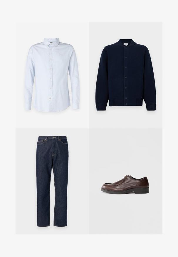 Navy gebreide cardigan met een geribde kraag, voorste knoopsluiting en zijzakken. Bevat een subtiele logo op de linkerborst.; Lichtblauw lang sleevenshirt met een button-down kraag, geweven stof, frontale knoopsluiting en klein geborduurd logo op de borst.; Donkerblauwe denim jeans met een rechte pijpdesign. Beschikt over een knoop- en ritssluiting, vijf zakken en contrasterende stikdetails.; Bruine leren nette schoen met een ronde neus, minimale stiksels en een stevige zwarte zool. Voorzien van vetersluiting en een gladde textuur.