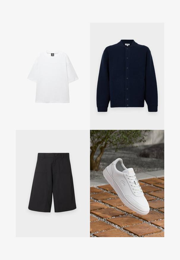 Laivastonsininen neulecardigan, jossa on ribbauskaulus, edessä nappisuljin ja sivutaskut. Vasemmassa rinnassa on hillitty logo.; Valkoinen ylisuuri t-paita, jossa on lyhyet hihat, pyöreä pääntie ja pehmeä puuvillakangas. Kauluksessa on musta etiketti. Ei kuvioita tai korostuksia.; Musta kevyestä kankaasta valmistetut cargo-shortsit, joissa on napillinen kiinnitys sekä kaksi etutaskua, siisti ja suoraviivainen leikkaus.; Valkoinen Lacoste-tossu nauhoin leijumassa puisien neliölaattojen ja pienten harmaiden pikkukivien yläpuolella, taustalla sumea puu ja seinä.