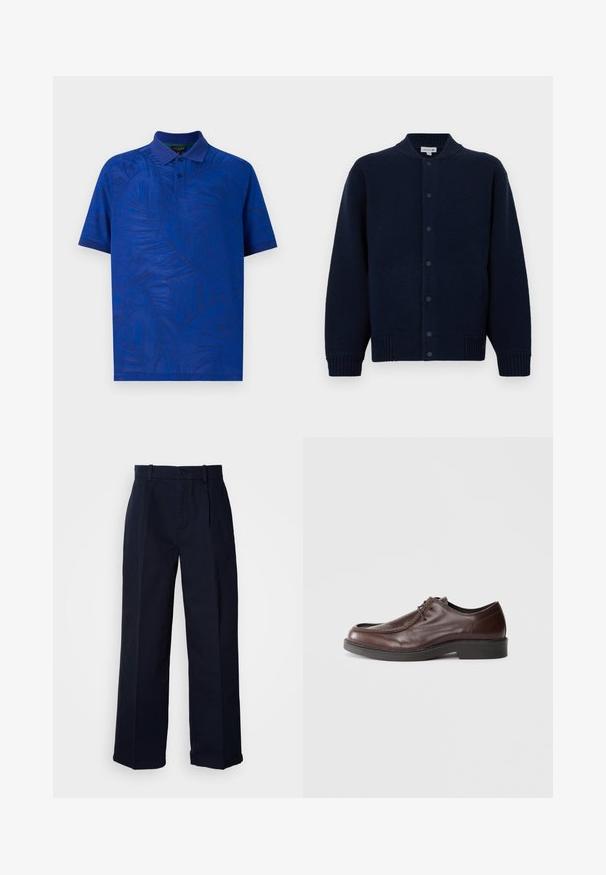 Marineblå strikket cardigan med ribbet krave, frontlukning med knapper og sidelommer. Har et diskret logo på venstre bryst.; Kortærmet polo t-shirt i livlig blå med et tekstureret palmebladsmønster, med krave og tre-knaps placket. Glat stof.; Navyblå vidde bukser lavet af bomuld, med knaplukning, front-press og en glat tekstiloverflade.; Brune lædersko med rund tå, minimal syning og en solid sort sål. Har snørelukning og en glat overflade.