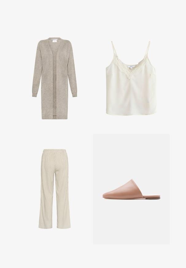Lang beige strikket cardigan med lange ærmer og åben front, lavet af blødt tekstureret stof.; Kremfarvet ærmeløs camisole med tynde stropper og blonder langs V-udskæringen, vist på en ensfarvet baggrund.; Lys beige stribede bukser med løs pasform, der har en elastisk talje og lodrette linjer, som skaber et tekstureret udseende.; Beige læder mule uden hæl med spids tå og flad sål, vist i sideprofil på en ensartet lys baggrund.