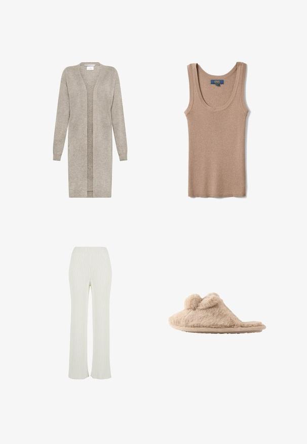 Lange beige gebreide cardigan met lange mouwen en open voorkant, gemaakt van zachte, gestructureerde stof.; Mouwloos beige ribgebreid tanktop met ronde hals en OVS-merklabel aan de binnenzijde van de achterkraag.; Crème ribbel gebreide broek met een uitlopende snit. Voorzien van een brede elastische tailleband en verticale strepen voor extra textuur.; Beige, pluizige instapslof met twee pompons bovenop en een platte zool, ontworpen voor binnenshuis gebruik.