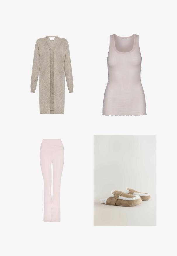 Langer beigefarbener Strickcardigan mit langen Ärmeln und offenem Vorderteil, aus weichem, strukturiertem Stoff.; Helles rosa Tanktop aus glattem Stoff. Es verfügt über einen Rundhalsausschnitt, breite Träger und einen leicht gewellten Saum.; Helle rosa, ausgestellte Hosen mit einem breiten Bund und glatter Textur. Sie verfügen über ein klares, schlankes Design ohne zusätzliche Verzierungen.; Tanfarbene Wildlederschuhe mit weißem Futter und Innenauskleidung. Verfügt über einen Riemen mit goldener Schrift. Weiche Textur und flache Sohle.
