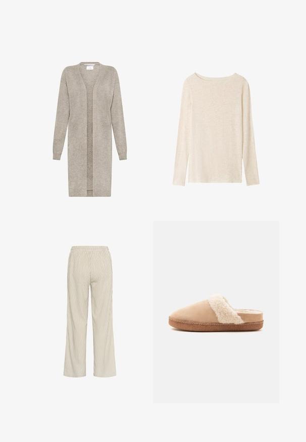 Lang beige strikket cardigan med lange ærmer og åben front, lavet af blødt tekstureret stof.; Langærmet, lysebeige striktop med bådudskæring og subtil meleret tekstur.; Lys beige stribede bukser med løs pasform, der har en elastisk talje og lodrette linjer, som skaber et tekstureret udseende.; Beige slip-on tøfler med blød, fluffy hvid foring og brun gummisål vist fra siden på en ensfarvet baggrund.