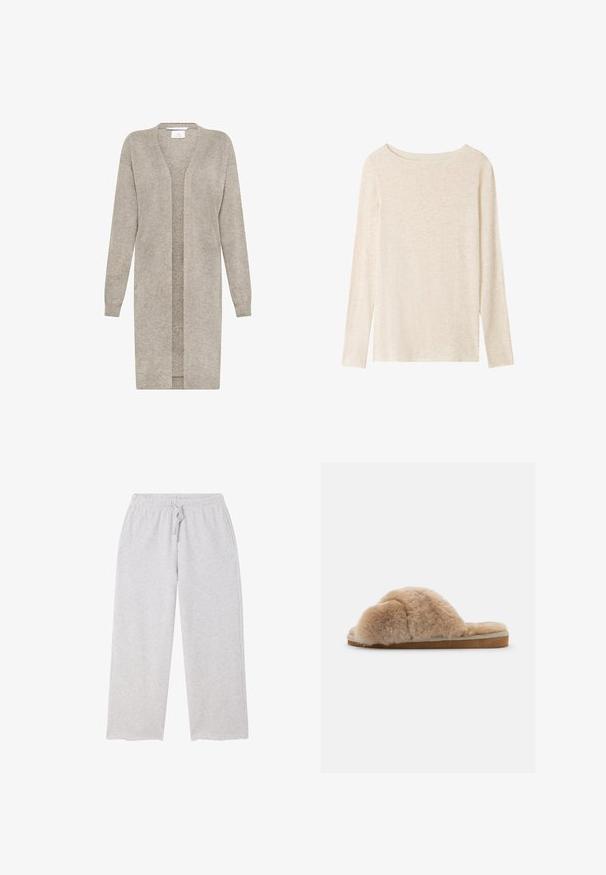 Lang beige strikket cardigan med lange ærmer og åben front, lavet af blødt tekstureret stof.; Langærmet, lysebeige striktop med bådudskæring og subtil meleret tekstur.; Lysegrå brede joggingbukser med elastik i taljen og snøre, samt lommer på begge sider.; Fuzzy beige hjemmesko med blød tekstur, åben bag og indvendig foring. Flad sål med en lysebrun bund og beige syning.