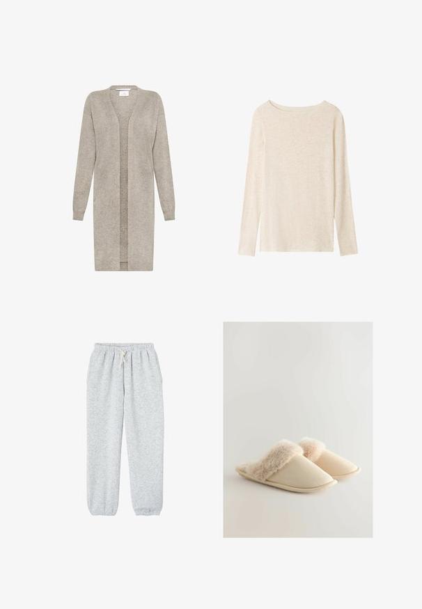 Langer beigefarbener Strickcardigan mit langen Ärmeln und offenem Vorderteil, aus weichem, strukturiertem Stoff.; Langärmliges, hellbeiges Strickoberteil mit U-Boot-Ausschnitt und dezent melierter Textur.; Graue Sweatpants aus weichem Stoff, mit einem elastischen Bund und einem Kordelzug sowie elastischen Bündchen an den Knöcheln.; Beige Hausschuhe mit einem oberen Abschluss aus weichem Fell, rundem Zehendesign und strukturiertem Stoff. Die Sohle ist flach und flexibel.