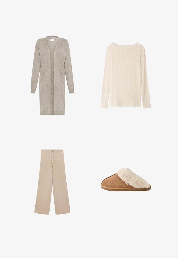 Langer beigefarbener Strickcardigan mit langen Ärmeln und offenem Vorderteil, aus weichem, strukturiertem Stoff.; Langärmliges, hellbeiges Strickoberteil mit U-Boot-Ausschnitt und dezent melierter Textur.; Beige weit geschnittene Hose aus weichem Stoff, mit einem Kordelzugbund und glatter Textur, ohne Muster oder zusätzliche Hardware.; Brauner pantoffel zum Hineinschlüpfen mit weichem beigem Kunstpelzfutter und -sohle, Seitenansicht auf weißem Hintergrund.
