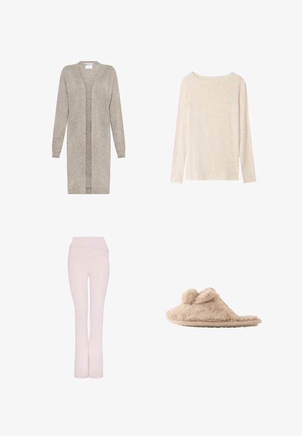 Lange beige gebreide cardigan met lange mouwen en open voorkant, gemaakt van zachte, gestructureerde stof.; Lichtbeige fijngebreide top met lange mouwen, boothals en een subtiele gemêleerde structuur.; Lichtroze uitlopende broek met een brede tailleband en een gladde textuur. Heeft een schoon, gestroomlijnd ontwerp zonder extra versieringen.; Beige, pluizige instapslof met twee pompons bovenop en een platte zool, ontworpen voor binnenshuis gebruik.