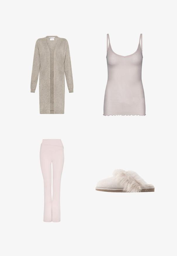 Lange beige gebreide cardigan met lange mouwen en open voorkant, gemaakt van zachte, gestructureerde stof.; Lichtroze camisole met dunne bandjes, gemaakt van een zachte stof. Beschikt over een v-halslijn en een gegolfde zoom aan de onderkant.; Lichtroze uitlopende broek met een brede tailleband en een gladde textuur. Heeft een schoon, gestroomlijnd ontwerp zonder extra versieringen.; Witte suède slipper met een pluizige bontband aan de bovenkant. Rondingen in het teendesign met een gevoerde zool en een getextureerde onderkant.