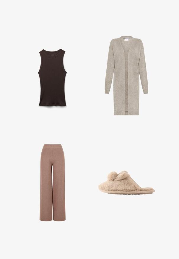 Langer beigefarbener Strickcardigan mit langen Ärmeln und offenem Vorderteil, aus weichem, strukturiertem Stoff.; Ärmelloses, schwarzes, geripptes Tanktop mit rundem Halsausschnitt, flach auf weißem Hintergrund präsentiert.; Braune, weit geschnittene Strickhose aus strukturiertem Stoff mit elastischem Bund und lockerer Passform für Komfort.; Beige flauschiger Hausschuh zum Hineinschlüpfen mit zwei Pompons oben und einer flachen Sohle, für den Innenbereich konzipiert.