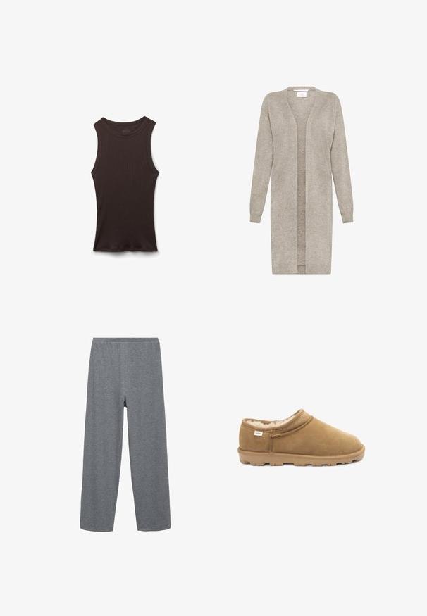 Langer beigefarbener Strickcardigan mit langen Ärmeln und offenem Vorderteil, aus weichem, strukturiertem Stoff.; Ärmelloses, schwarzes, geripptes Tanktop mit rundem Halsausschnitt, flach auf weißem Hintergrund präsentiert.; Graue, baumwollmixweite Hose mit elastischem Bund, die eine glatte Textur und ein einfaches, ungeschmücktes Design aufweist.; Braunes Wildleder-Slipper mit weicher, Kunstfell-Innenseite, niedrigem Profil und strukturiertem Gummisohle. Markenetikett auf der Seite sichtbar.