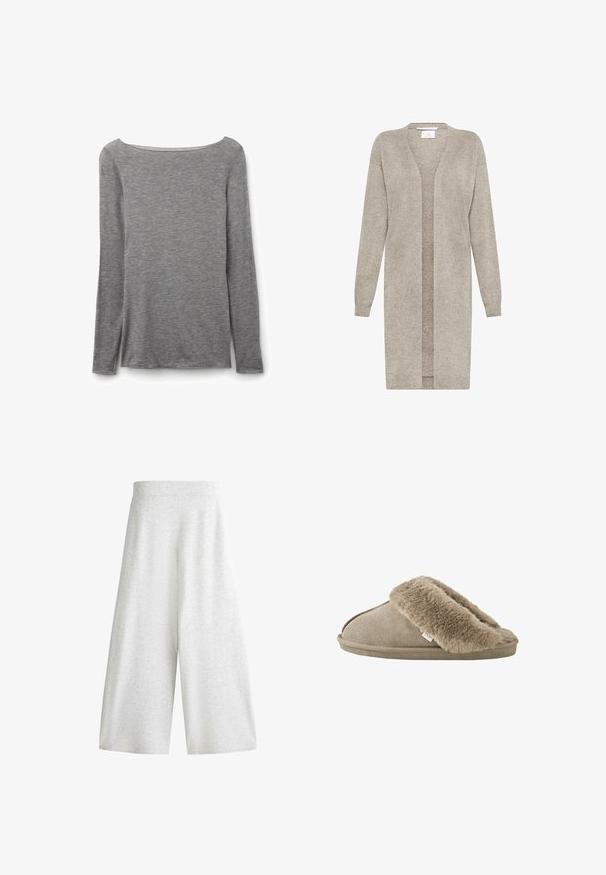 Lange beige gebreide cardigan met lange mouwen en open voorkant, gemaakt van zachte, gestructureerde stof.; Grijze nauwsluitende top met lange mouwen en een brede boothals, gemaakt van zachte, lichte gebreide stof.; Lichtgrijze, gebreide broek met wijde pijpen, elastische tailleband en een ontspannen, cropped pasvorm.; Beige instapslof met zachte, pluche bontvoering rond de opening en een suède-achtige buitenzool.