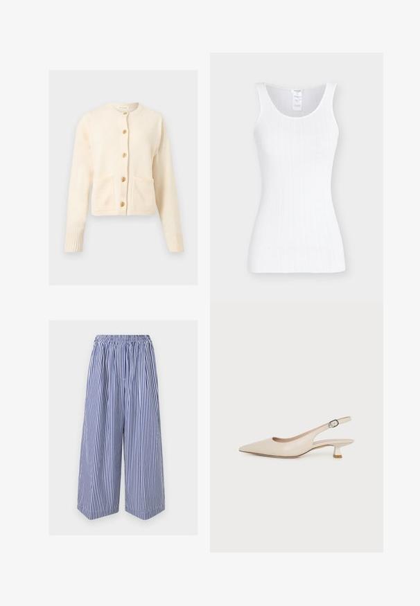 Cardigan en maille crème à manches longues, col rond, deux poches avant et cinq boutons décoratifs dorés au centre.; Débardeur blanc sans manches en maille côtelée avec encolure dégagée et silhouette ajustée sur fond uni.; Pantalon court à jambes larges rayé verticalement bleu et blanc, taille élastique et coupe ample.; Chaussure slingback beige à bout pointu avec un petit talon kitten et une boucle latérale réglable sur fond blanc uni.