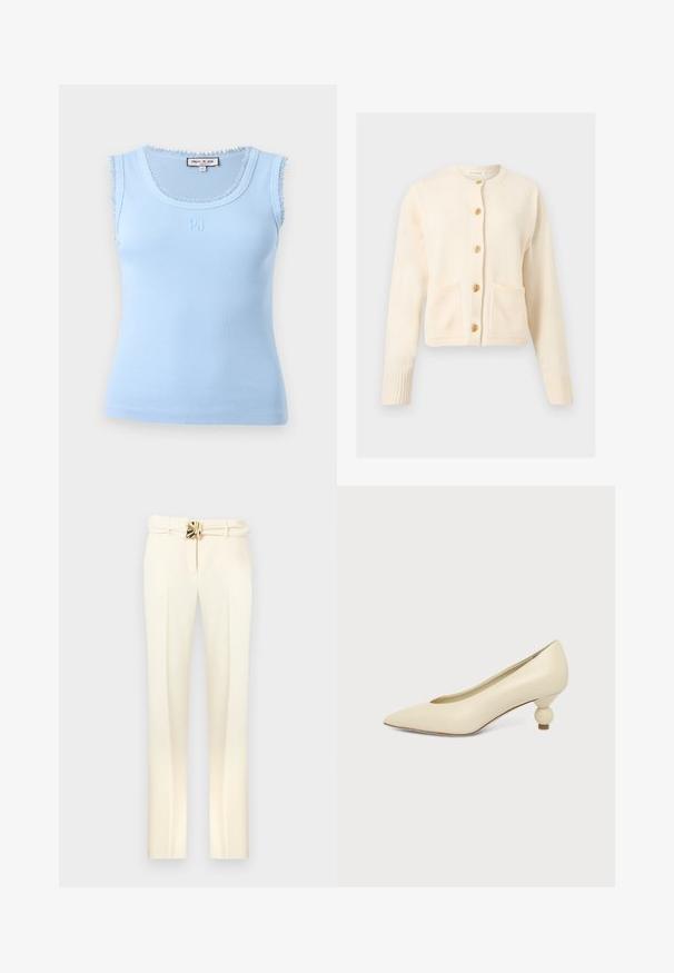 Cardigan en maille crème à manches longues, col rond, deux poches avant et cinq boutons décoratifs dorés au centre.; Haut sans manches bleu clair à côtes avec bordure en dentelle aux emmanchures et à l'encolure, petit logo brodé "PJ" centré sous l'encolure.; Pantalon sur mesure de couleur crème avec une taille ceinturée ornée de détails en métal doré, jambes droites, et une texture lisse et douce.; Chaussure femme couleur crème à bout pointu avec un petit talon rond en forme de boule, sur fond uni.