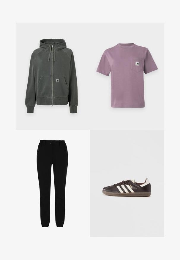 Grå zip-up hoodie lavet af blødt stof, med hætte, frontlommer og ribbede manchetter og kant. Carhartt logo på venstre lomme.; Lilla bomulds T-shirt med rund hals, korte ærmer og en lomme på venstre bryst med et logo mærke. Glat tekstur, afslappet pasform.; Sorte bukser med elastisk talje, to sidelommer med lynlås og tapered ben med elastiske mansjetter. Lavet af et glat, holdbart materiale.; Mørkebrune lædersneakers med hvidt tre-stribet design, en gummisål og "Samba" i gyldne bogstaver på siden. Klassisk lavtopform.