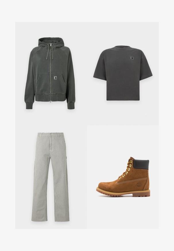 Grijze zip-up hoodie van zacht materiaal, met een capuchon, zakken aan de voorkant en ribgebreide mouwen en zoom. Carhartt-logo op de linkerzak.; Donkergrijs oversized T-shirt met korte mouwen, ronde hals en een kleine Carhartt-logopatch op de linkerborst.; Herenbroek met rechte pijpen en dunne verticale zwart-witte strepen, met knoopsluiting, riemlussen en zijzakken.; Bruine suède enkellaars met zwarte gewatteerde kraag, gouden oogjes, vetersluiting aan de voorkant en een rubberen zool met een gestructureerd patroon.