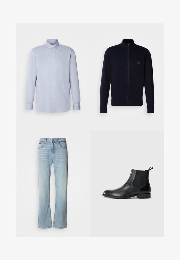 Cárdigan azul marino de cremallera fabricado en un material de punto suave, con un cuello alto, mangas largas y un pequeño parche de logo cuadrado en el pecho.; Camisa de botones de manga larga en azul claro, hecha de algodón con una textura suave, que presenta un cuello clásico y botones en la parte delantera.; Jeans de mezclilla azul claro con corte recto, que cuentan con cinco bolsillos, un cierre de botón y un ligero desvanecimiento en la tela.; Botín negro de cuero hasta el tobillo con paneles elásticos a los lados, punta redondeada y lengüeta. Textura suave, suela plana, diseño minimalista.