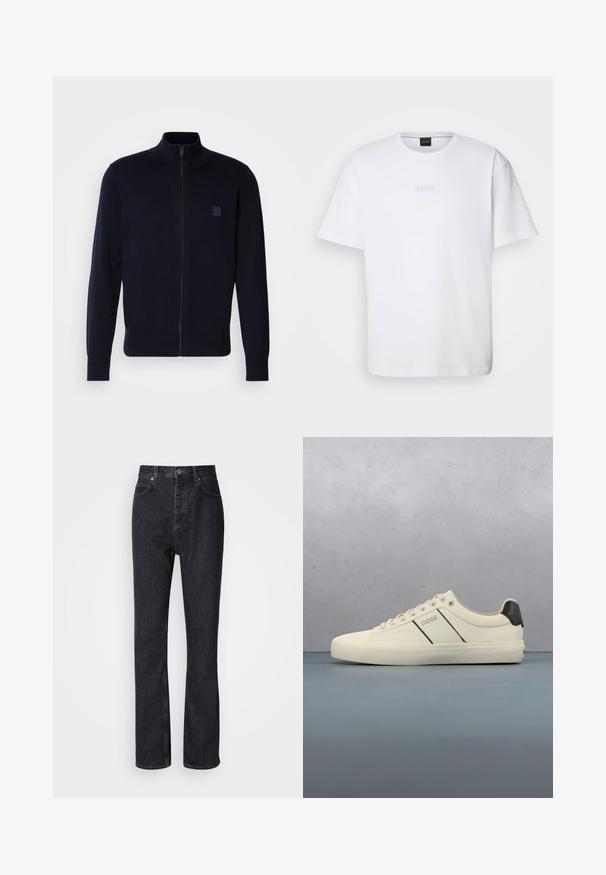 Cárdigan azul marino de cremallera fabricado en un material de punto suave, con un cuello alto, mangas largas y un pequeño parche de logo cuadrado en el pecho.; Camiseta de algodón blanca de manga corta, con escote redondo y logotipo grabado de "BOSS" en el pecho. Textura suave, ajuste estándar.; Jeans de mezclilla negros de cintura alta con cierre de botón y cremallera, bolsillos frontales y traseros, y corte recto.; Zapatillas de color crema con una textura suave, que presentan acentos y marcas en negro. Diseño clásico de cordones con punta redonda y suela de goma.