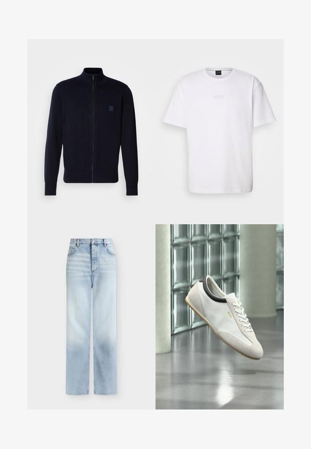 Cardigan zippé bleu marine fabriqué à partir d'un matériau en tricot doux, comportant un col montant, des manches longues et un petit patch logo carré sur la poitrine.; T-shirt en coton blanc à manches courtes, col rond, avec un logo « BOSS » en relief sur la poitrine. Texture lisse, coupe standard.; Jeans bleu clair taille haute à jambes droites, avec poches avant, passants de ceinture et fermeture par bouton.; Baskets blanches en cuir et daim avec une semelle en gomme et un détail col noir, flottant à l'intérieur près d'un mur en blocs de verre et d'une colonne en béton.
