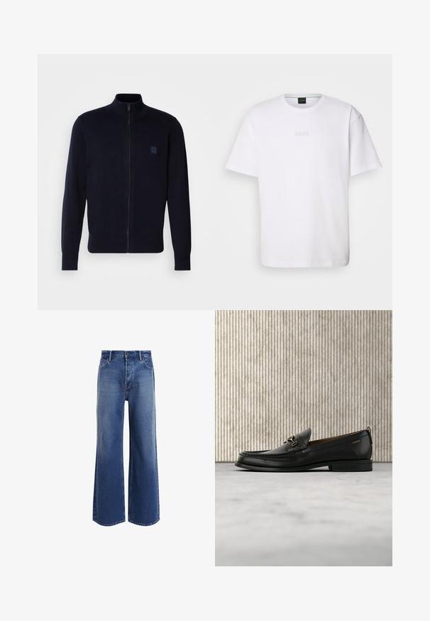 Marine blauwe cardigan met rits, gemaakt van een zachte breimateriaal, met een hoge kraag, lange mouwen en een klein vierkant logo op de borst.; Witte katoenen T-shirt met korte mouwen, ronde halslijn en reliëf 'BOSS' logo op de borst. Veilig textuur, standaard pasvorm.; Hoge taille wijde jeans van middelblauwe denim, met een klassiek vijf-pocket ontwerp, lichte vervaging en rafelige zoomdetails.; Zwarte leren loafer met gouden metalen gesp en "HUGO" branding, weergegeven tegen een beige tapijt en bruin doorschijnend meubilair.