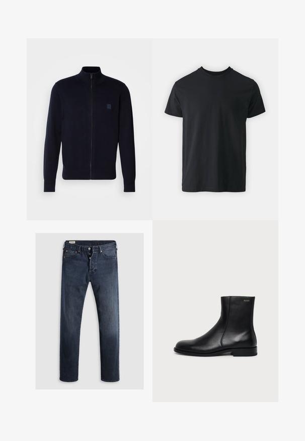 Cardigan zippé bleu marine fabriqué à partir d'un matériau en tricot doux, comportant un col montant, des manches longues et un petit patch logo carré sur la poitrine.; T-shirt noir en coton à manches courtes avec un col rond et une coupe décontractée. Texture lisse et ourlet droit, sans graphismes ni motifs visibles.; Jeans en denim bleu foncé avec une coupe droite, dotés d'un zip et de boutons en métal, ainsi que d'accents de rivets en cuivre. Texture lisse, sans motifs visibles.; Bottine en cuir noir à talon bas, couture latérale et petit logo "HUGO" sur le revers supérieur sur un fond uni.