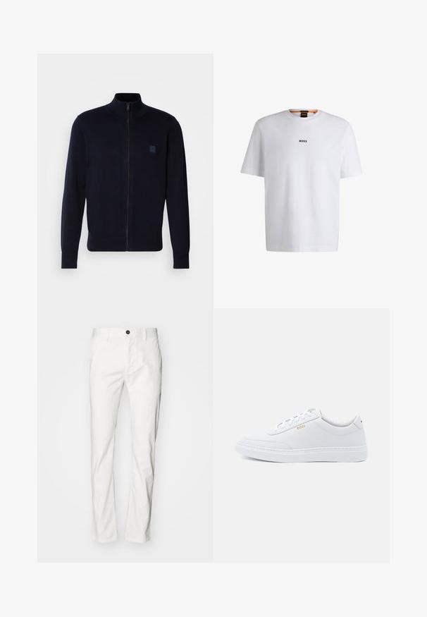 Marine blauwe cardigan met rits, gemaakt van een zachte breimateriaal, met een hoge kraag, lange mouwen en een klein vierkant logo op de borst.; Witte katoenen T-shirt met korte mouwen, voorzien van een zwart "BOSS"-logo in het midden van de borst en een ronde halsontwerp.; Witte katoen broek met een rechte snit, voorzien van een knoopsluiting en zakken, zachte textuur en minimalistische stijl.; Witte leren sneakers met een gladde textuur, ronde neus en tonale stiksels. Voorzien van blauwe veters en een gouden logo op de zijkant.