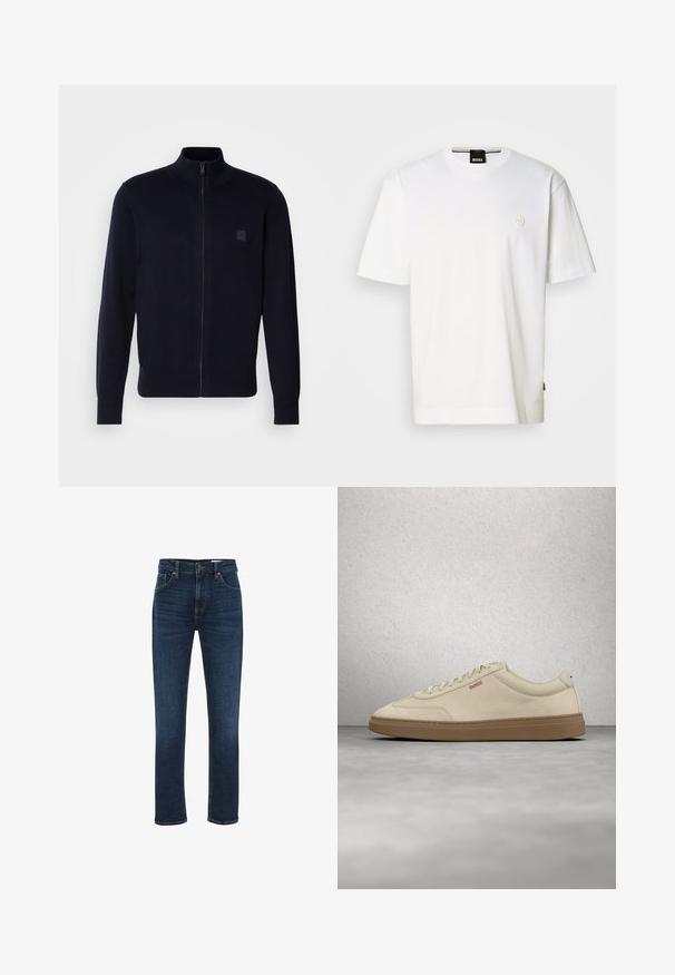 Cárdigan azul marino de cremallera fabricado en un material de punto suave, con un cuello alto, mangas largas y un pequeño parche de logo cuadrado en el pecho.; Camiseta blanca de algodón con cuello redondo, mangas cortas y un pequeño logo en el pecho. Dobladillo inferior de corte recto.; WE Fashion BLUE RIDGE - Vaqueros rectos - dark blue; Zapatilla de ante beige claro con suela de goma color caramelo, cordones prominentes y detalles de costura sutiles. Diseño limpio con una estética minimalista.