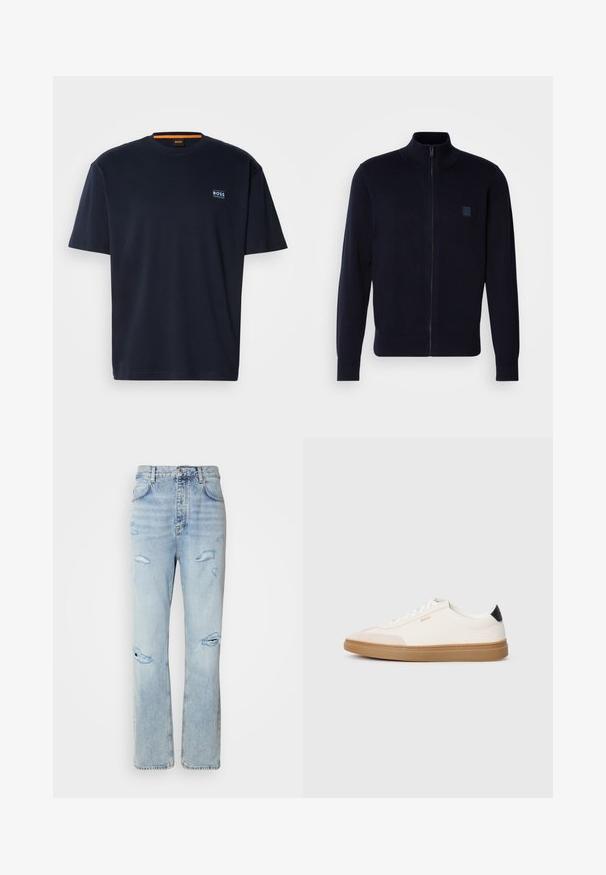 Marine blauwe cardigan met rits, gemaakt van een zachte breimateriaal, met een hoge kraag, lange mouwen en een klein vierkant logo op de borst.; Donkerblauwe katoenen t-shirt met een ronde hals. Voorzien van een klein logo op de borst en een contrasterende oranje accent bij de halslijn. Korte mouwen.; Licht gewassen denim jeans met een ontspannen pasvorm, voorzien van versleten plekken en rafelige randen. De stof heeft een zachte, gladde textuur.; Witte sneakers met beige accenten, bovenwerk van glad leer, ronde neus en rubberen gumzool, met een zwarte hieltab en subtiele branding.
