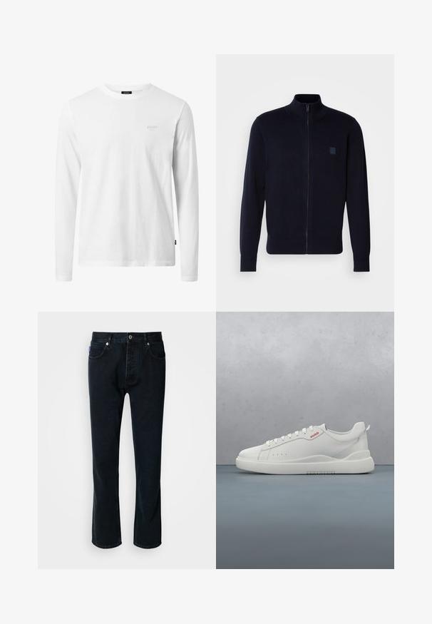 Cárdigan azul marino de cremallera fabricado en un material de punto suave, con un cuello alto, mangas largas y un pequeño parche de logo cuadrado en el pecho.; Camiseta blanca de manga larga hecha de algodón, con cuello redondo, textura suave y un sutil logo en el pecho. Diseño simple y clásico.; HUGO JONAH - Vaqueros rectos - dark blue; Zapatilla blanca con un acabado de cuero liso, punta redonda, cuatro ojales, perforaciones sutiles y un detalle de logo rojo en el lateral.