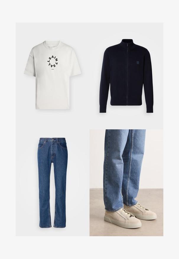 Marineblå zip-up cardigan lavet af blødt strikmateriale, med en høj krave, lange ærmer og et lille firkantet logo-patch på brystet.; Hvid T-shirt med korte ærmer og rund halsudskæring med sort cirkulær tekst, der staver "SAINT LAINT" og "LONDON" under cirklen.; Blå denimjeans med lige snit, fem-lomme-design og lys syning. Har lynlås og knaplukning foran.; BOSS GARYTENN_SDHDEL - Sneakers - natural ten