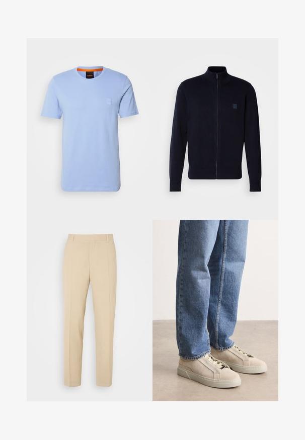 Marine blauwe cardigan met rits, gemaakt van een zachte breimateriaal, met een hoge kraag, lange mouwen en een klein vierkant logo op de borst.; Lichtblauw katoenen T-shirt met korte mouwen, ronde halslijn en een klein reliëflogo op de borst. Contrasterende oranje binnenkraag.; Beige op maat gemaakte broek met een recht gesneden ontwerp, gemaakt van lichtgewicht stof, met twee voorzakken en nette, geplooide vouwen.; BOSS GARYTENN_SDHDEL - Sneakers laag - natural ten