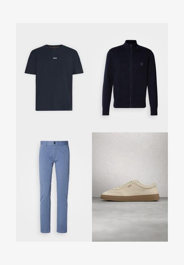 Cárdigan azul marino de cremallera fabricado en un material de punto suave, con un cuello alto, mangas largas y un pequeño parche de logo cuadrado en el pecho.; Camiseta azul marino de manga corta y cuello redondo con pequeño logo blanco "BOSS" centrado en el pecho.; Chinos de algodón azul claro con una textura suave, diseño de pierna recta y un cierre de botón único en la cintura. Ajuste entallado con bolsillos laterales.; Zapatilla de ante beige claro con suela de goma color caramelo, cordones prominentes y detalles de costura sutiles. Diseño limpio con una estética minimalista.