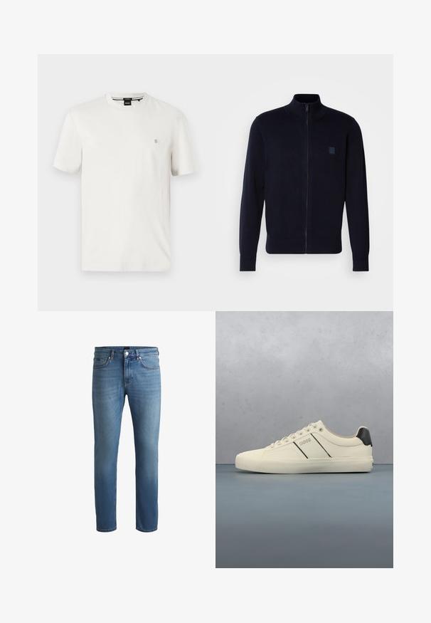 Cárdigan azul marino de cremallera fabricado en un material de punto suave, con un cuello alto, mangas largas y un pequeño parche de logo cuadrado en el pecho.; Camiseta de algodón blanca con cuello redondo, manga corta y un pequeño parche de logo en el lado izquierdo del pecho. Textura suave, corte regular.; Jeans de mezclilla azul claro con un corte regular, que cuentan con una textura suave, diseño de cinco bolsillos y una cremallera con cierre de botón.; Zapatillas de color crema con una textura suave, que presentan acentos y marcas en negro. Diseño clásico de cordones con punta redonda y suela de goma.