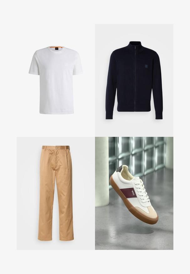 Cárdigan azul marino de cremallera fabricado en un material de punto suave, con un cuello alto, mangas largas y un pequeño parche de logo cuadrado en el pecho.; Camiseta de algodón blanca con mangas cortas y cuello redondo. Presenta un sutil parche de logo en el frente y un acento naranja en el cuello.; Pantalones caqui, mezcla de algodón, diseño de pierna recta, con pliegues delanteros, trabillas para cinturón y cierre de botón. Textura suave sin patrones.; Zapatilla blanca de perfil bajo con suela marrón, franja granate con la etiqueta "BOSS", detalles beige en la puntera y talón negro, flotando sobre un piso gris.