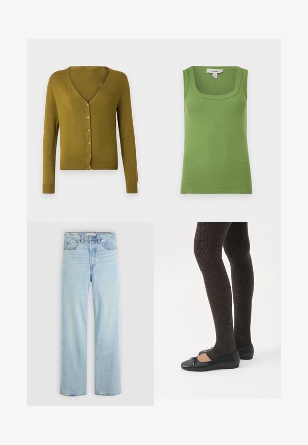 Cárdigan verde oliva con escote en V, botones frontales y mangas largas. Textura suave con puños y dobladillo acanalados.; Top verde sin mangas con costillas, escote cuadrado y etiqueta de la marca Topshop en el interior del cuello.; Jeans de denim azul claro con corte recto, que cuentan con cinco bolsillos, un cierre de cremallera clásico y costuras visibles.; Piernas con leggings oscuros acanalados combinados con bailarinas negras que presentan pequeños detalles de lazo sobre un fondo blanco.
