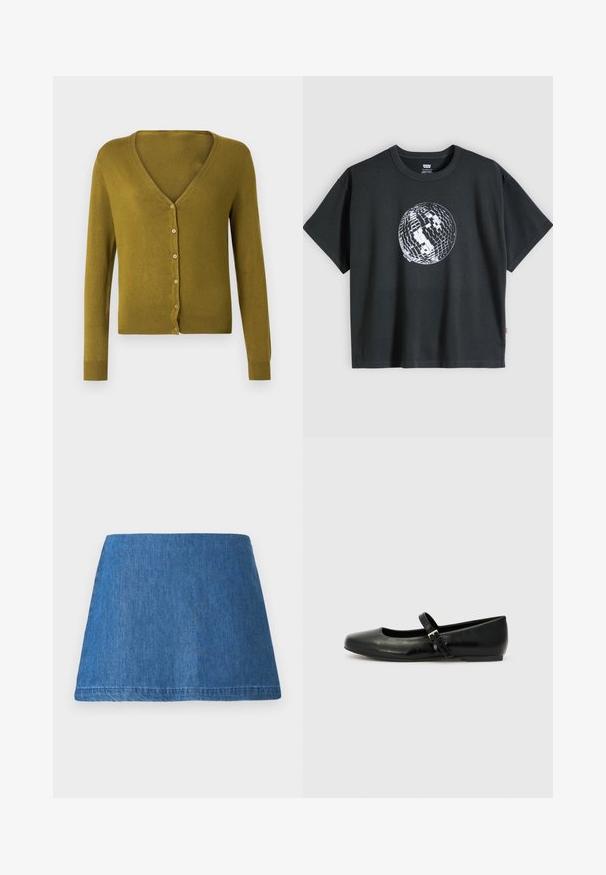 Cardigan vert olive avec col en V, boutons sur le devant et manches longues. Texture douce avec poignets et ourlet côtelés.; T-shirt noir à manches courtes avec un motif de boule disco blanche et grise centré sur le devant, sur un fond clair uni.; Jupe mini en denim d'un bleu moyen, avec une forme A classique, un ourlet propre et sans embellissements ni motifs visibles.; Ballerines en cuir noir avec un bout arrondi, une semelle plate et une fine sangle ajustable sur le cou-de-pied avec une boucle en métal.