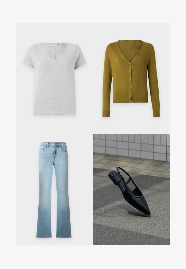 Olivengrøn cardigan med V-hals, knapper foran og lange ærmer. Blød tekstur med ribstrikkede manchetter og kant.; Grå kortærmet T-shirt lavet af blødt stof med V-hals og en afslappet pasform. Har subtil tekstur og et enkelt design.; Lyseblå, højtaljede, straight-fit jeans i denim med for- og baglommer, knaplukning og bæltestropper.; Sort slingback-flad sko med spids tå, svævende over en asfaltflade ved siden af en flisebelagt fortov.