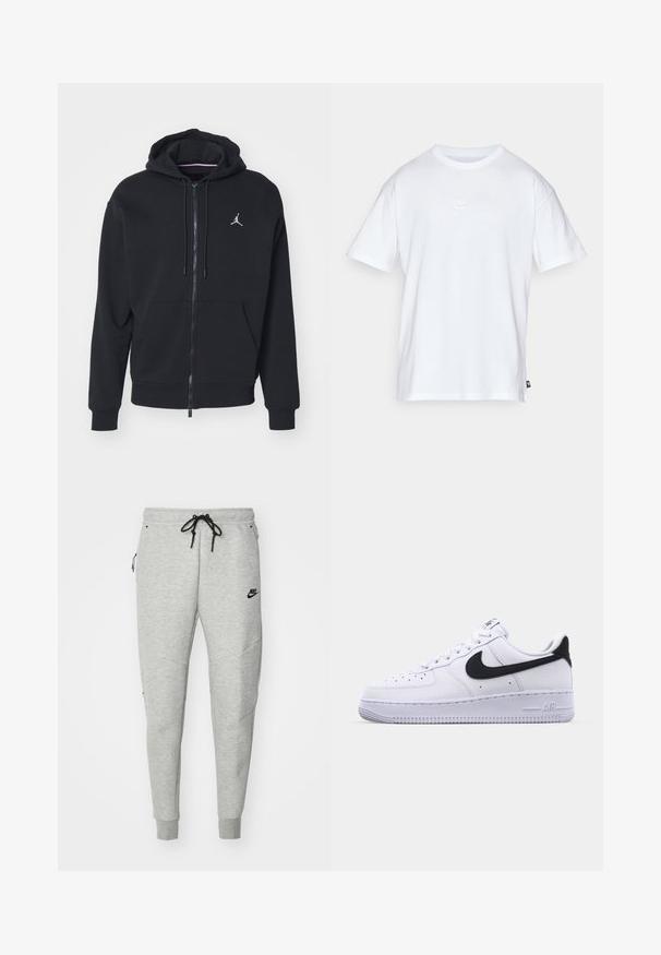 Schwarze Zip-Hoodie aus weichem Stoff, mit einer Kängurutasche, gerippten Bündchen und einem weißen gestickten Logo auf der Brust.; Weißes Baumwoll-T-Shirt mit kurzen Ärmeln und Rundhalsausschnitt. Verfügt über ein kleines, dezentes Nike-Logo auf der Brust und ein seitliches Etikett.; Graue Sweatpants mit glatter Textur, elastischem Bund, verstellbarem schwarzem Kordelzug, zwei seitlichen Taschen und einem kleinen schwarzen Logo.; Weißes Leder-Sneaker mit einem strukturierten schwarzen Swoosh, flachen Schnürsenkeln und einer Gummisohle mit genoppetem Muster. "AIR" ist auf der Ferse eingeprägt.