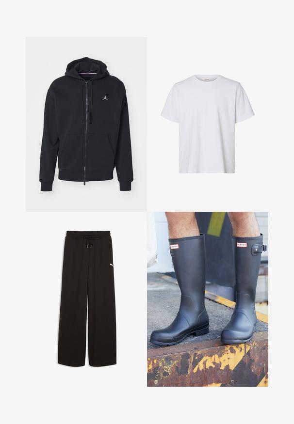 Sort zip-up hoodie lavet af blødt stof, med en kængurulomme, ribbede manchetter og et hvidt broderet logo på brystet.; Enkelt hvid kortærmet T-shirt med rund hals, almindelig pasform og glat stofstruktur, vist på en hvid baggrund.; Sorte sweatpants med vide ben, elastisk talje og snøre, med en lille hvid Puma-logo på højre lår.; Person iført sorte Hunter regnstøvler stående på en rusten metalrand med gule og sorte advarselsmærker.