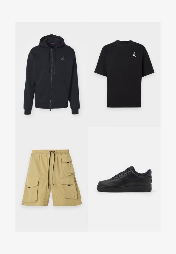 Čierna zip-up mikina vyrobená z mäkkej tkaniny, s kengurou vreckom, rebrovanými manžetami a bielym vyšitým logom na hrudi.; Čierne bavlnené tričko s krátkymi rukávmi, s bielym logom Jumpman na ľavej strane hrude. Okrúhly výstrih, pravidelný strih a hladká textúra.; Béžové cargo šortky vyrobené z ľahkej tkaniny. Majú niekoľko bočných vreciek, elastický pás so sťahovacou šnúrkou a malé logo.; Nike Sportswear AIR FORCE 1 07 FLYEASE - Tenisky - black