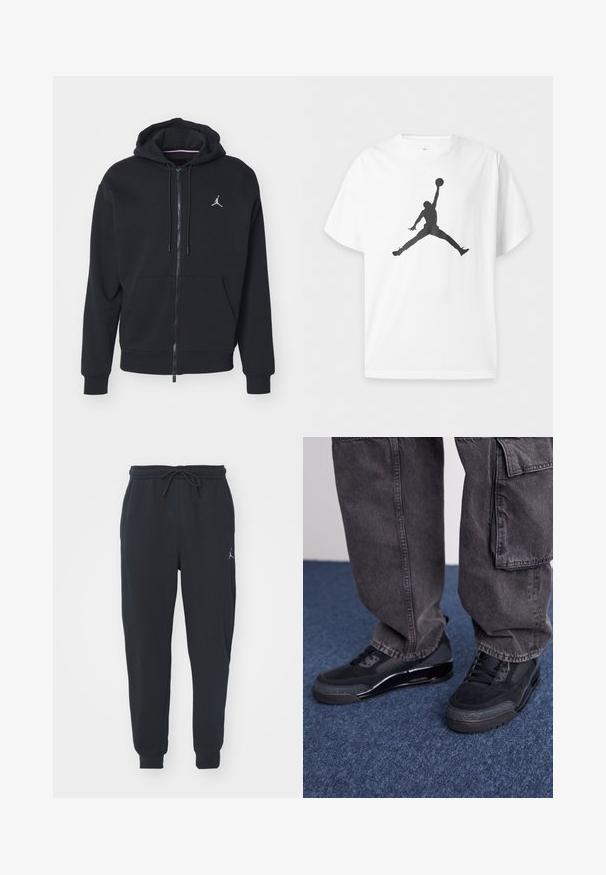 Sort zip-up hoodie lavet af blødt stof, med en kængurulomme, ribbede manchetter og et hvidt broderet logo på brystet.; Hvid t-shirt med korte ærmer med en sort silhuet af en basketballspiller, der hopper og holder en bold over hovedet i luften.; Sorte joggingbukser lavet af blødt stof, med en elastisk talje med snøre, ribbede manchetter og et lille logo på venstre lår.; Sorte sportsko med en struktureret overflade, glatte detaljer og en kraftig sål, der er parret med mørke, løstsiddende cargo-bukser.