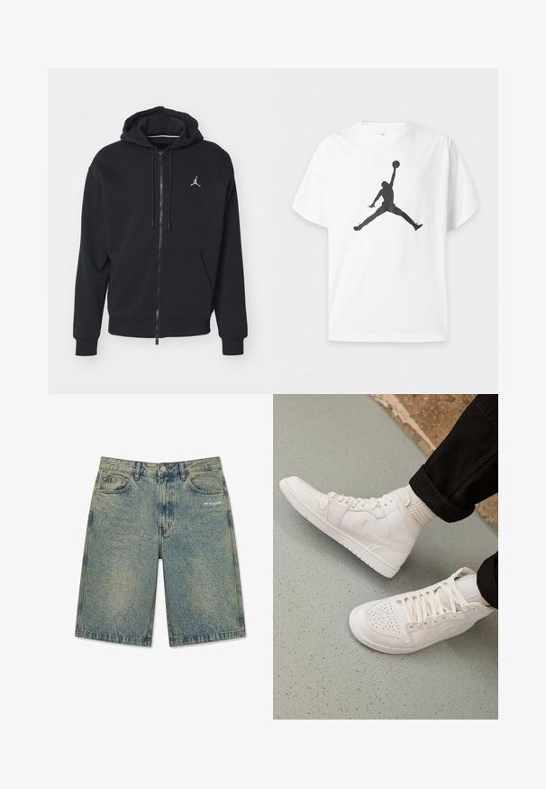 Zwarte zip-up hoodie gemaakt van zachte stof, met een kangoeroezak, geribde boorden en een wit geborduurd logo op de borst.; Wit T-shirt met korte mouwen met een zwarte silhouet van een basketballer die springt en een bal boven het hoofd vasthoudt in de lucht.; Lichtblauwe denim shorts met een vervaagd effect, voorzakken, riemlussen, knoopsluiting en het "PEGADOR" logo op de rechter voorzak.; Witte hoge sneakers van glad leer met een geperforeerde teen, vetersluiting en subtiele logo-details aan de zijkant. Geprofileerde rubberen zool.