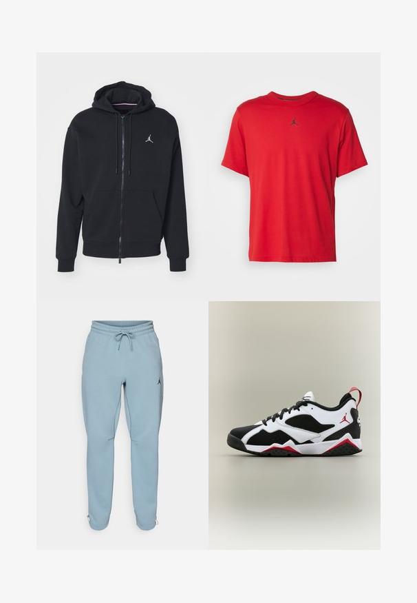Sort zip-up hoodie lavet af blødt stof, med en kængurulomme, ribbede manchetter og et hvidt broderet logo på brystet.; Rød bomulds t-shirt med korte ærmer, rund hals og et lille sort Jordan-logo på brystet, med en lige kant.; Lysblå sweatpants lavet af blødt stof, med elastisk talje og snøre, sidelommer og et lille sort logo på låret.; Lavtop sneaker i sort, hvid og rød med meshpaneler, snørelukning foran og Jumpman-logo på siden og hælflappen.