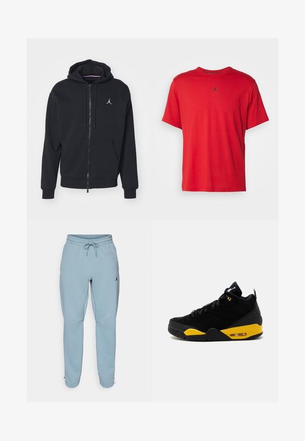 Sort zip-up hoodie lavet af blødt stof, med en kængurulomme, ribbede manchetter og et hvidt broderet logo på brystet.; Rød bomulds t-shirt med korte ærmer, rund hals og et lille sort Jordan-logo på brystet, med en lige kant.; Lysblå sweatpants lavet af blødt stof, med elastisk talje og snøre, sidelommer og et lille sort logo på låret.; Sort og gul midt-høj atletiksko med snørelukning, luftpolstret sål og synligt Jumpman-logo på tungen og hælstrop.