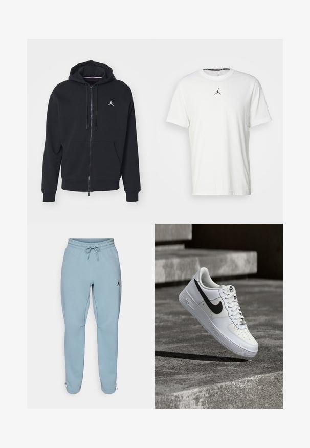Sudadera con cremallera negra, hecha de un tejido suave, con un bolsillo tipo canguro, puños acanalados y un logo bordado en blanco en el pecho.; Camiseta blanca de manga corta hecha de algodón, con un logo Jumpman negro en el pecho y un cuello redondo con una etiqueta interior negra.; Pantalones deportivos de un azul claro, confeccionados en una tela suave, con una waistband elástica y cordón, bolsillos laterales y un pequeño logo negro en el muslo.; Zapatilla blanca Nike Air Force 1 con el logo Swoosh negro, cordones atados, posicionada en el aire sobre una superficie de concreto texturizado al aire libre.