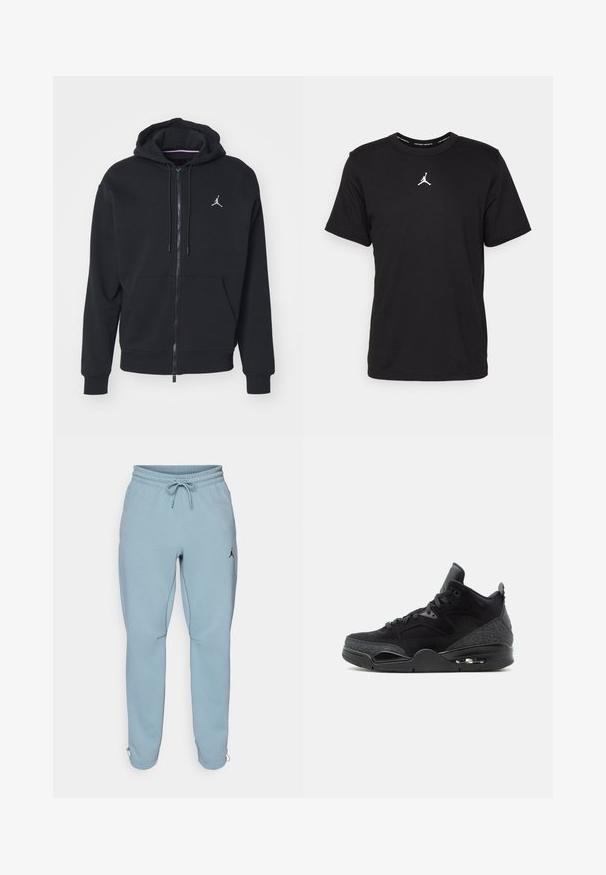 Sudadera con cremallera negra, hecha de un tejido suave, con un bolsillo tipo canguro, puños acanalados y un logo bordado en blanco en el pecho.; Camiseta de algodón negra con mangas cortas, cuello redondo, con un logo Jumpman blanco en el centro del pecho y una textura suave y ligera.; Pantalones deportivos de un azul claro, confeccionados en una tela suave, con una waistband elástica y cordón, bolsillos laterales y un pequeño logo negro en el muslo.; Zapatilla negra de caña alta con cordones en la parte delantera, paneles laterales estampados, unidad visible de suela de aire y cuello acolchado para el tobillo sobre fondo blanco.